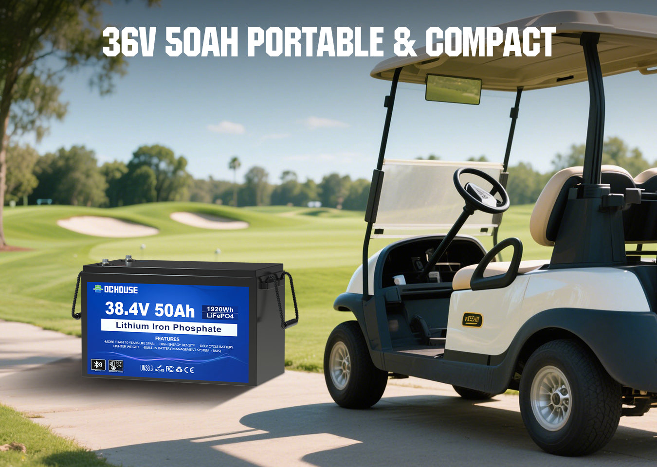 36V 50Ah LiFePO4 battery with low temperature protection, Bluetooth, Grade A cells, and 100A continuous current for golf carts
