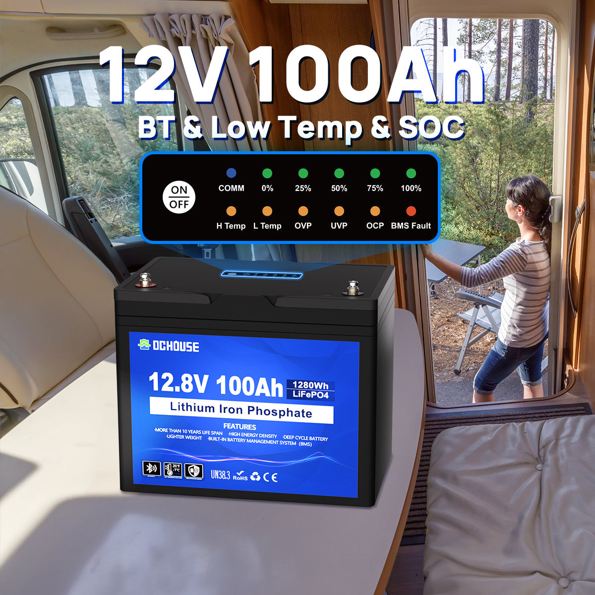 12V 100Ah LiFePO4 battery featuring low-temperature heating, Bluetooth monitoring, and SOC (State of Charge) indicator panel for real-time battery status.