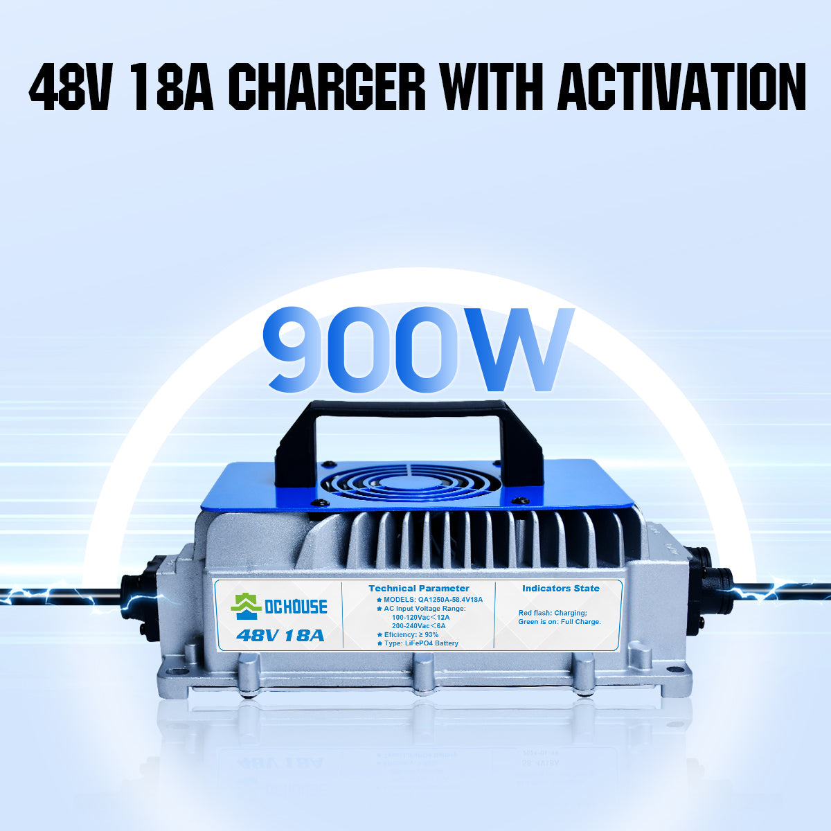 48V 18A lithium battery charger with lithium activation, IP65 rating, drop-proof, shock-proof, and explosion-proof features