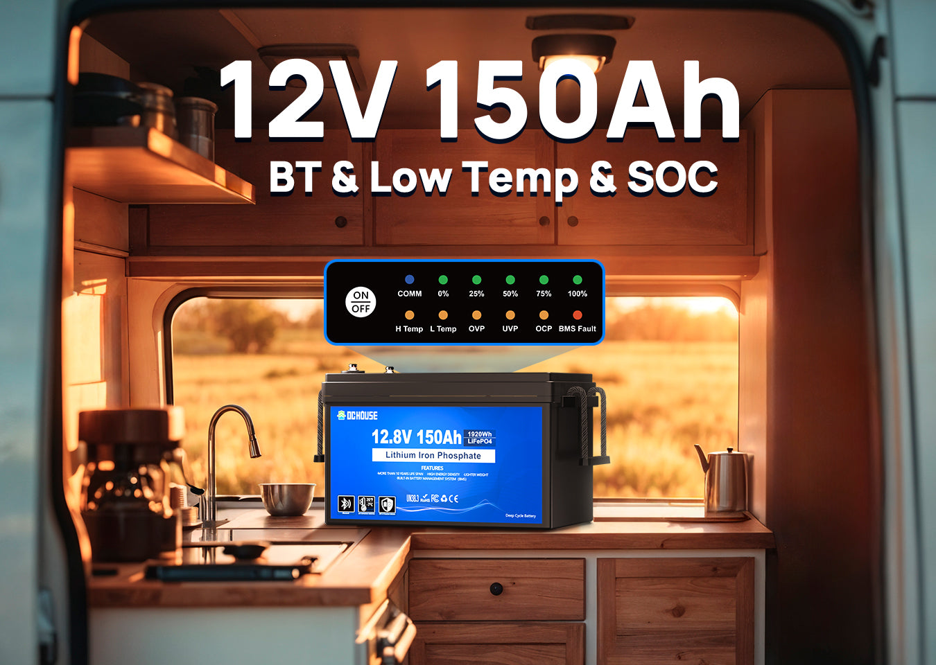 12V 150Ah LiFePO4 battery featuring low-temperature heating, Bluetooth app monitoring, and SOC (State of Charge) indicator panel for accurate battery status display.