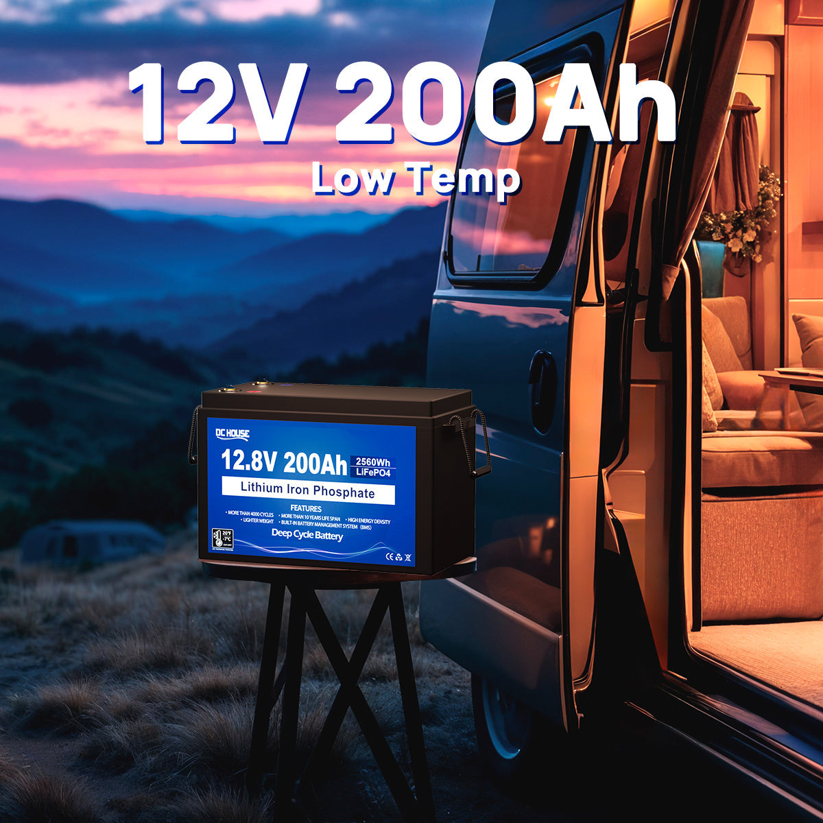 12V 200Ah LiFePO4 battery with high capacity, ideal for RV, solar energy storage, and off-grid applications.